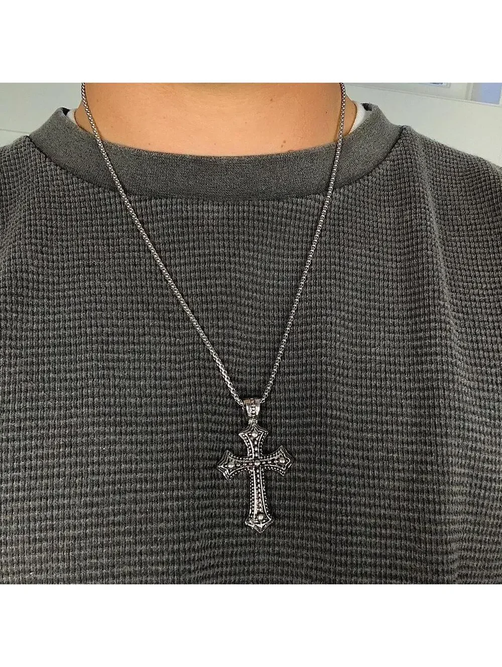 Stainless steel Y2k silver Big Gothic Cross opium punk style necklace. Cool